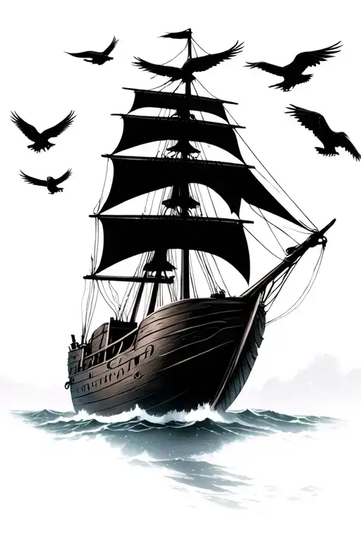 wooden ship sailing northern lights shining ravens above tattoo design idea