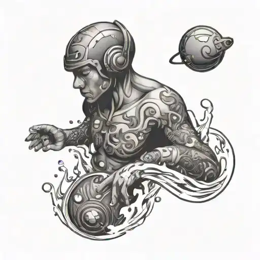 A black-grey tattoo of a person with ADHD finding peace in swimming, with elements of music and gaming integrated into the design tattoo design idea