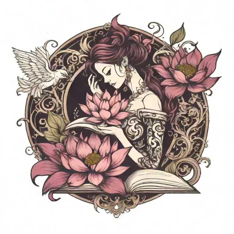 Female, Lotus Flower, Book, Pheonix tattoo design idea