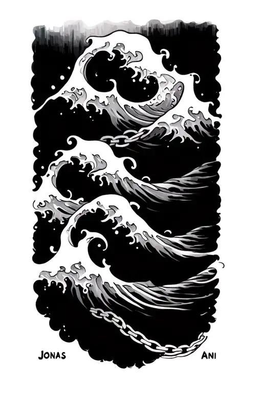 Several waves together to a chain around the thigh. With the names Jonas and Anni. tattoo design idea