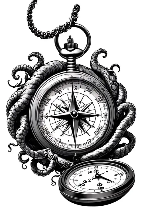 a compass and a pocket watch disney character and a small medusa hidden in the design tattoo design idea