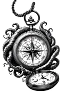 a compass and a pocket watch disney character and a small medusa hidden in the design tattoo design idea
