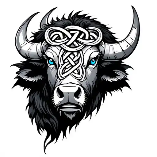 Buffalo With Blue Eyes On Armor Tattoo Design Featuring Celtic Trinity Knot Tattoo tattoo design idea