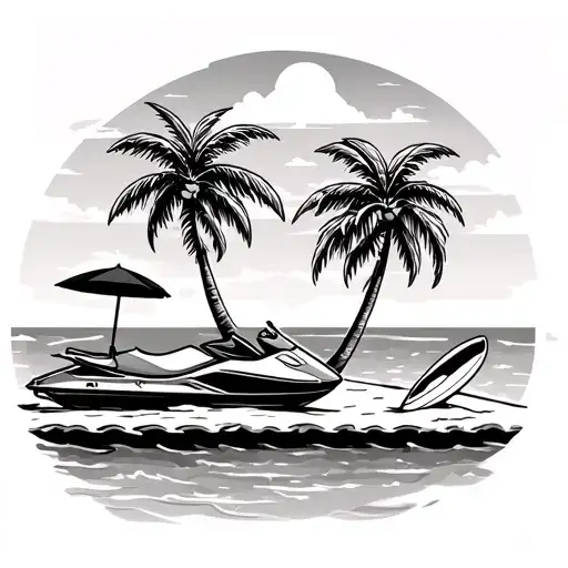 beach landscape with two palm trees. jet ski on water, boat moored on jetty, surfboard in the sand, sunbed and umbrella, tattoo design idea