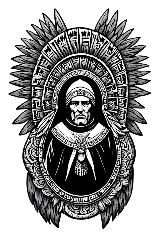 Mexican Aztec warrior, Medal of Saint Benedict intertwined  tattoo design idea