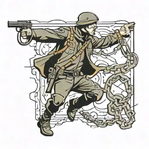 A rebellious soldier silhouette breaking free from chains, representing the spirit of rebellion tattoo design idea