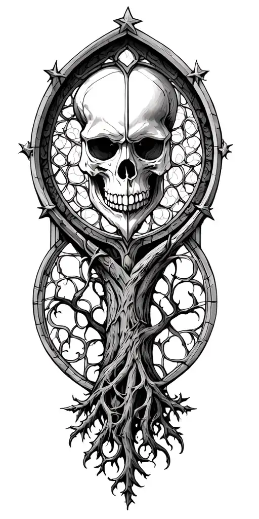 skull gothic cathedral window Viking Yggdrasil  tattoo design idea