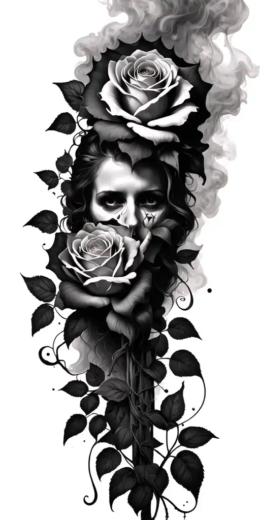 rose vine, supernatural anti possession, smoke rising background, sleeve tattoo design idea