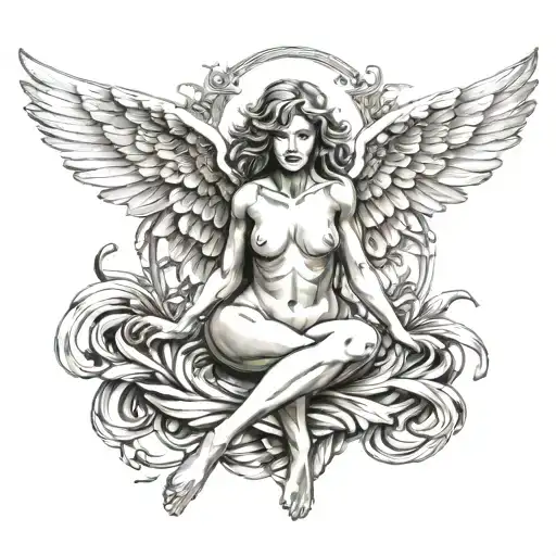 Female angel, wings half open, levitating, half naked, with legs intertwined and angelic face tattoo design idea