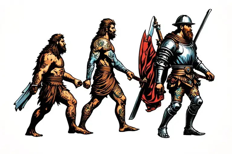 evolution of man: horizontal banner 4:1 showing caveman - knight - modern man - spaceman with matching backgrounds tattoo design idea