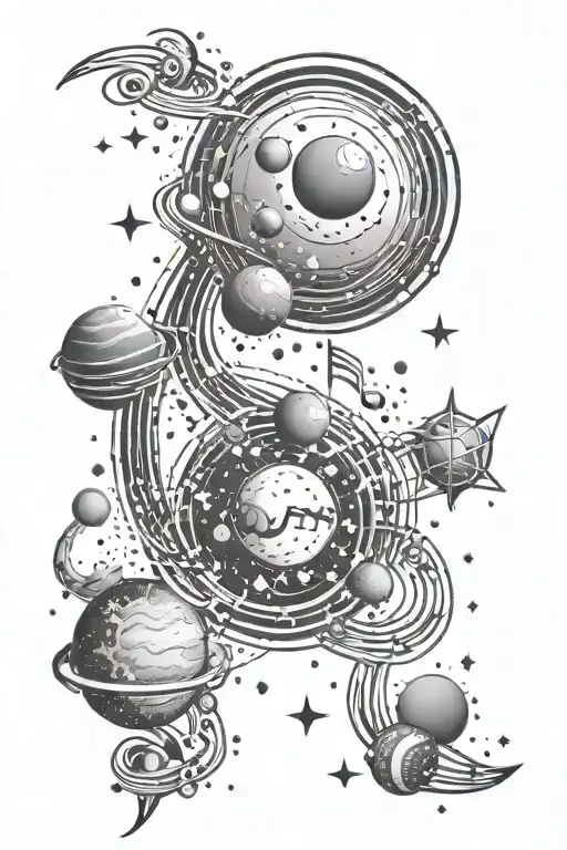 A celestial design featuring stars and planets arranged like musical notes tattoo design idea