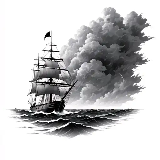 ship in a storm clouds, gods are watching tattoo design idea