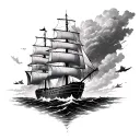 ship in a storm clouds, gods are watching tattoo design idea