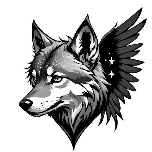 anime and western inspired design about a full body fantasy wolf with wings and stars tattoo design idea