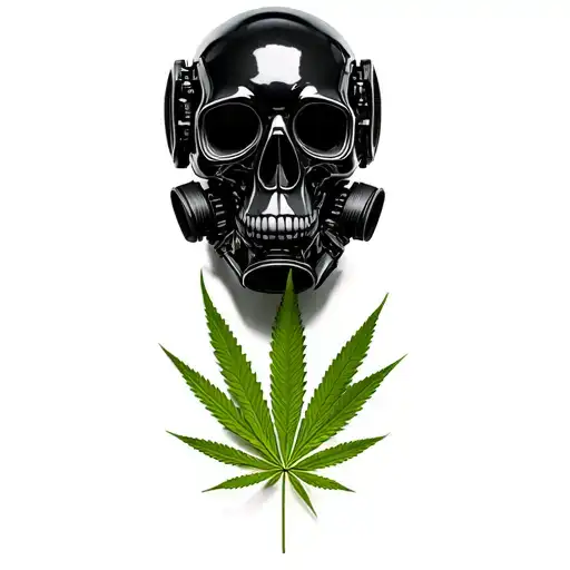 composition black skull robot with a gas mask, in the background a leaf of marijuana in black and white color tattoo design idea