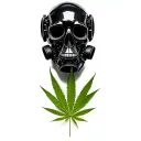 composition black skull robot with a gas mask, in the background a leaf of marijuana in black and white color tattoo design idea