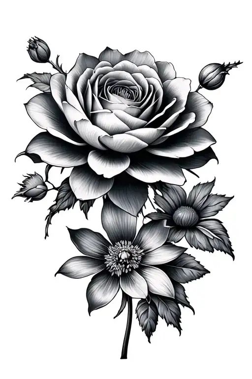 carnation rose waterlily poppy marigold flowers tattoo design idea