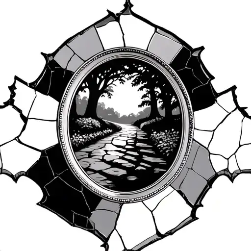 An oval-shaped mirror frame, cracked slightly, with the inside showing a winding garden path. Floating on the path is a  tattoo design idea