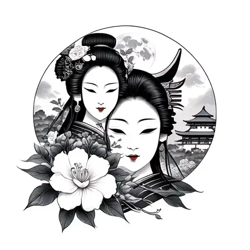 Japanese flower next to Geisha's face with an ONI mask and a Japanese temple with garden and background moon and samurai tattoo design idea