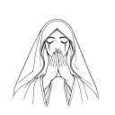 witchy Virgin Mary women with prayer hands, veil, crying tears in simple outline style tattoo design idea
