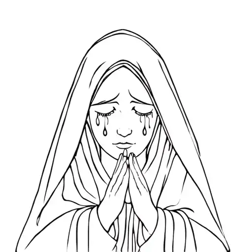 witchy Virgin Mary women with prayer hands, veil, crying tears in simple outline style tattoo design idea