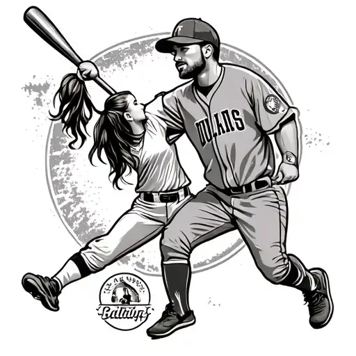 dad and daughter throwing softball home plate tattoo design idea
