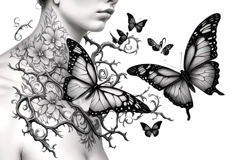 vines wrapped around collar bone looking 3D open and close butterflies leading up to middle of chest tattoo design idea