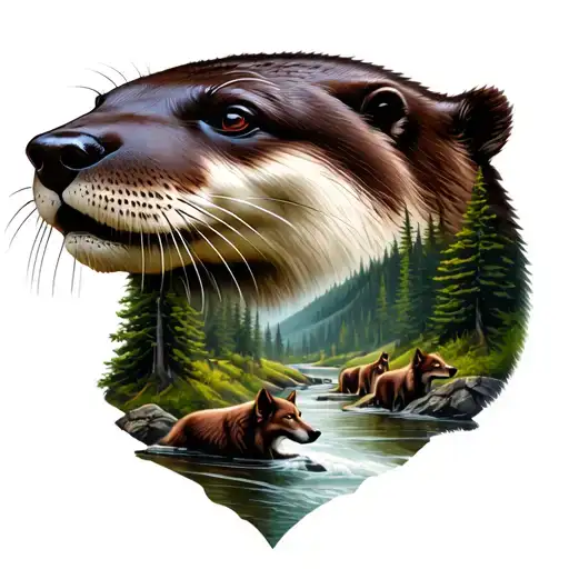 AN OTTER HEAD WITH A FOREST BELOW IT WITH 3 WOLVES IN THE FOREST WITH A RIVER IN THE FOREST tattoo design idea