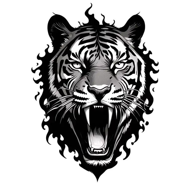 tiger roaring flames surrounding with white eyes tattoo design idea