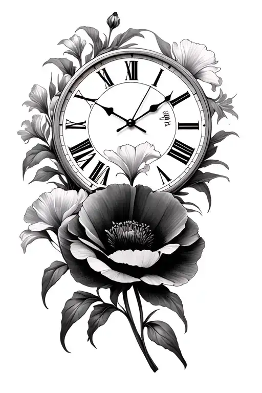 roman numeral clock face with gladioli and poppy flower tattoo design idea