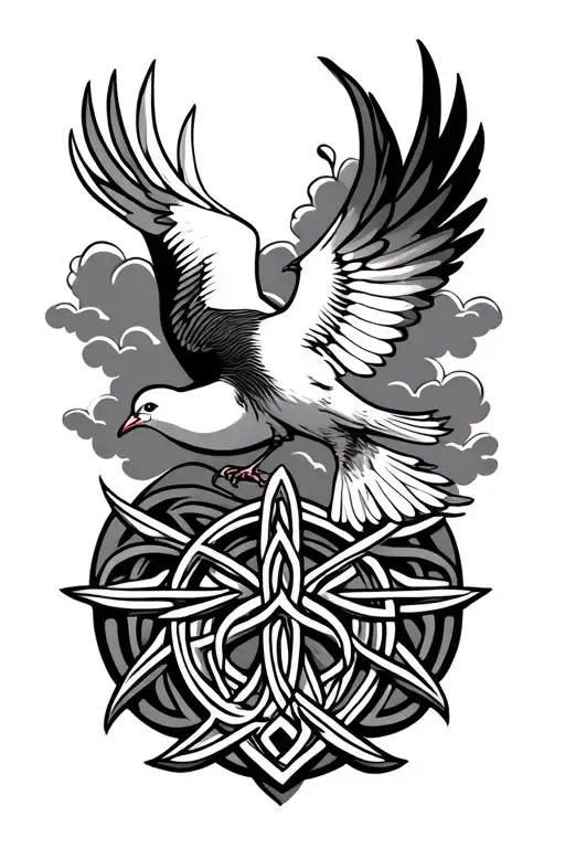 Clouds with one dove and a Celtic band in the clouds and a Celtic fire symbol  tattoo design idea