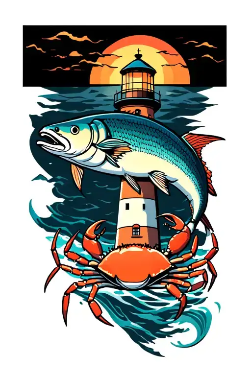 lighthouse, crab, marlin fish tattoo design idea