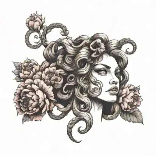 Medusa Gorgon face tattoo sketch, snakes instead of hair, one peony tattoo design idea