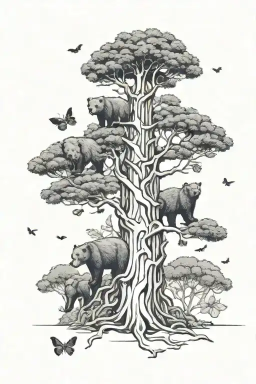 Big Pine tree with 5 small bears surround the bottom. two tiny butterflies flying near the top of the tree tattoo design idea