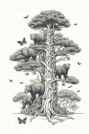 Big Pine tree with 5 small bears surround the bottom. two tiny butterflies flying near the top of the tree tattoo design idea
