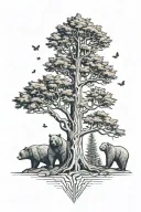 Big Pine tree with 5 small bears surround the bottom. two tiny butterflies flying near the top of the tree tattoo design idea