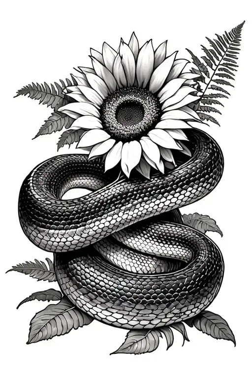 Snake wrapped around a sunflower with prehistoric ferns and cacti in the background tattoo design idea