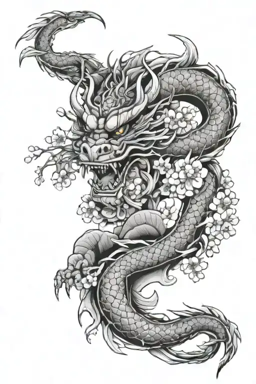 irezumi, demon, cherry blossom, dragon, yakuza intertwined tattoo design idea