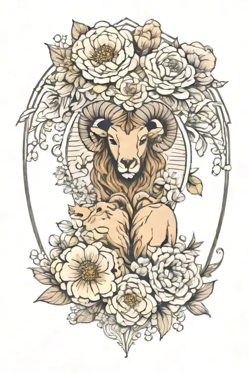 aries and leo zodiac sign surround with april birth flower and August birth flower tattoo design idea