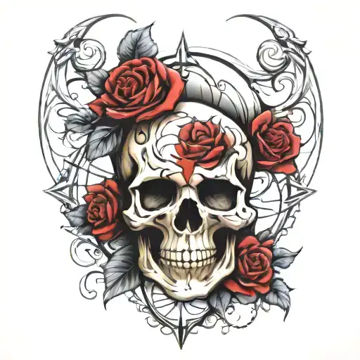 skull roses clock inside tattoo design idea