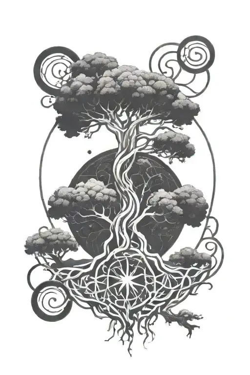 A minimalist blackwork tattoo of Yggdrasil, intertwined with images of the nine planets and viking runes of fate tattoo design idea
