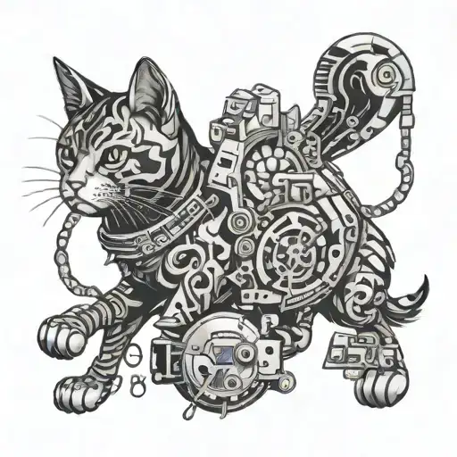 An intricate black and grey tattoo featuring a cat and dog playing together with mobile gaming icons incorporated into the background tattoo design idea