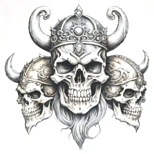 one skulls has a crown, the other skulls has viking helm tattoo design idea