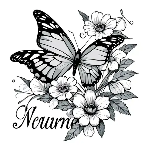 butterflies and Flowers around name incorporated tattoo design idea