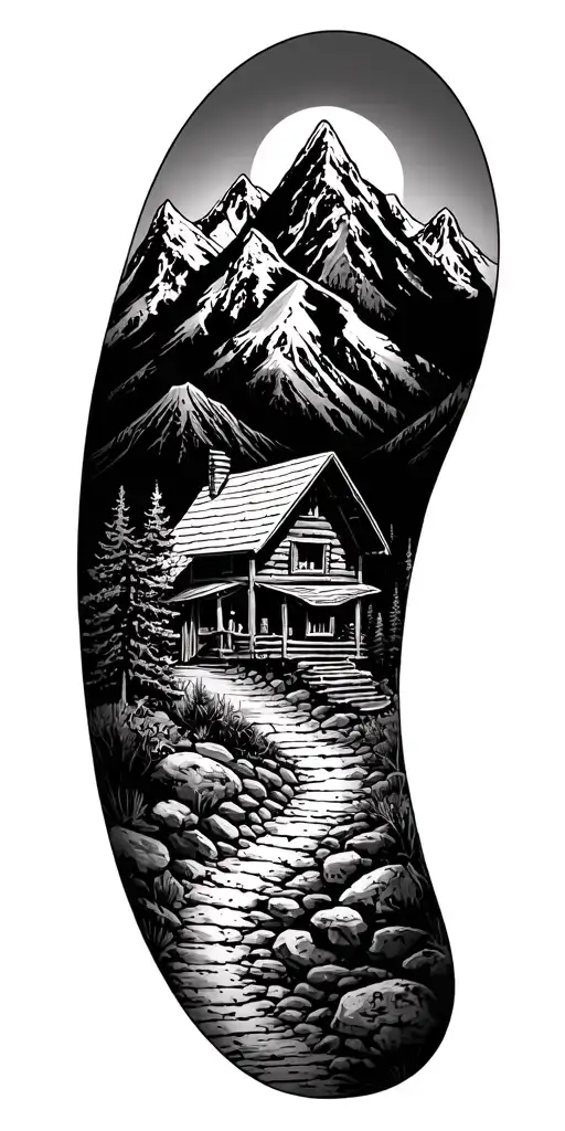 Mountain cabin and trail winding road leading its pack tattoo design idea