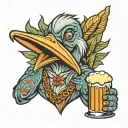 anthropomorphic pelican drinking beer cartoon tattoo design idea