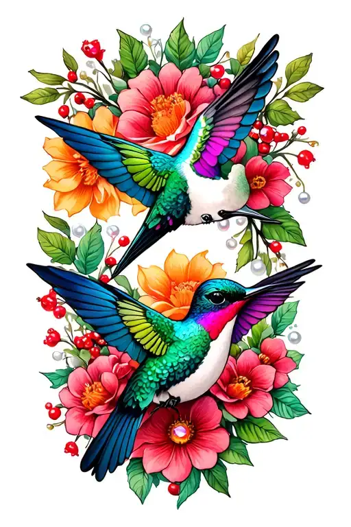 ornamental tattoo hummingbirds jewels pearls berries flowers tattoo design idea