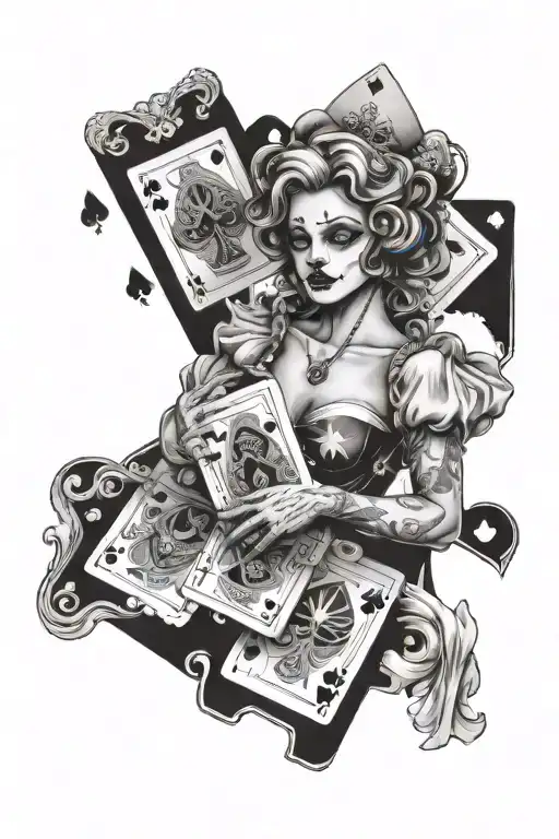 poker cards held  by a woman with clown makeup on and a crying angel interacting with the cards tattoo design idea