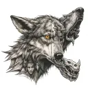 Shaded in Angry wolf with a little girl on top of its head, arrows in her back, sad/ worried/ strength facial expression tattoo design idea