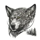 Shaded in Angry wolf with a little girl on top of its head, arrows in her back, sad/ worried/ strength facial expression tattoo design idea